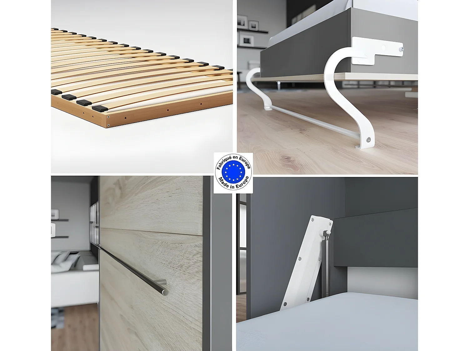 Lit escamotable +2 Placards Vertical 90x200+(50x2)cm Miroir Lit Mural  Anthracite/Chêne Sonoma