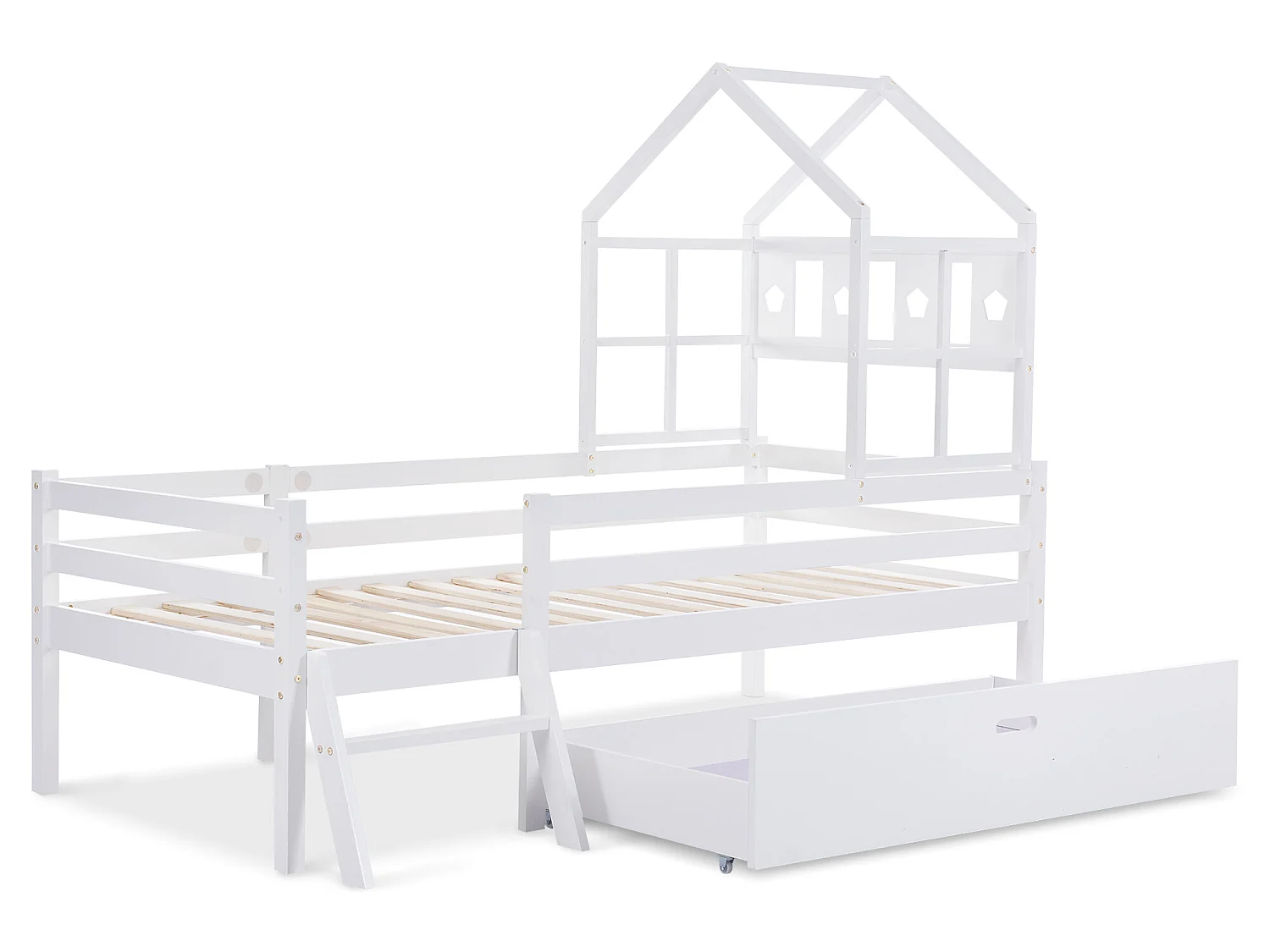 Lit cabane 90 x 200 cm avec échelle et tiroirs - bois massif - blanc