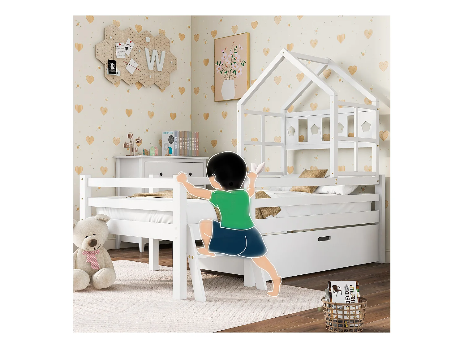 Letto a soppalco 90 x 200 cm con scaletta e cassetti - legno massello - bianco