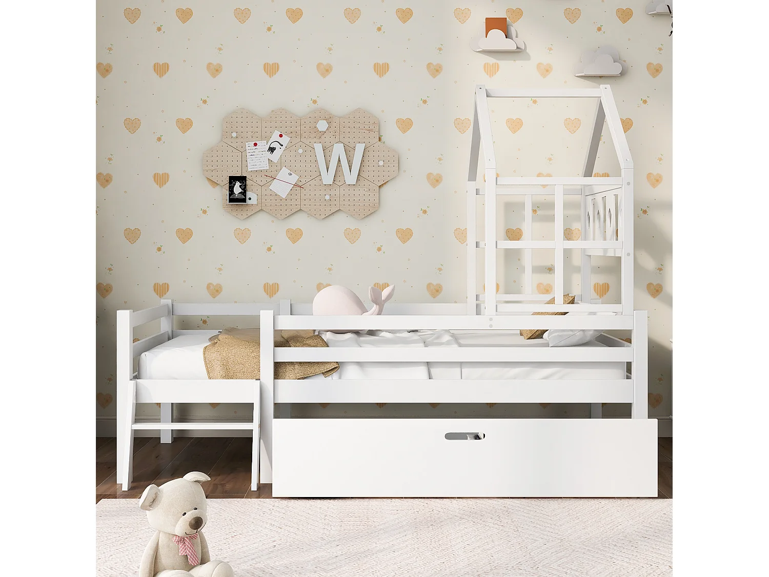 Letto a soppalco 90 x 200 cm con scaletta e cassetti - legno massello - bianco