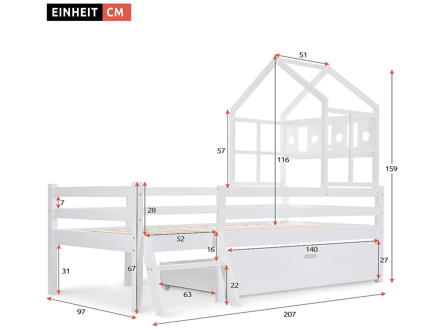 Letto a soppalco 90 x 200 cm con scaletta e cassetti - legno massello - bianco