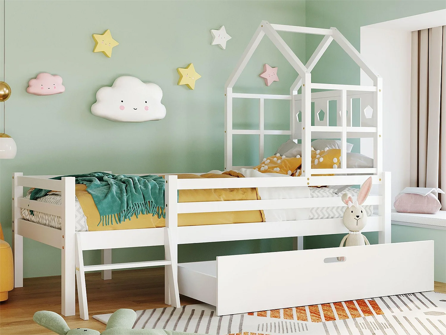 Cabinebed 90 x 200 cm met ladder en lades - massief hout - wit