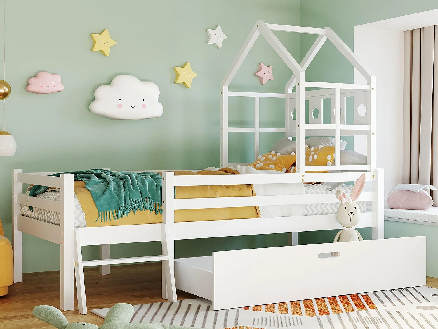 Cabinebed 90 x 200 cm met ladder en lades - massief hout - wit