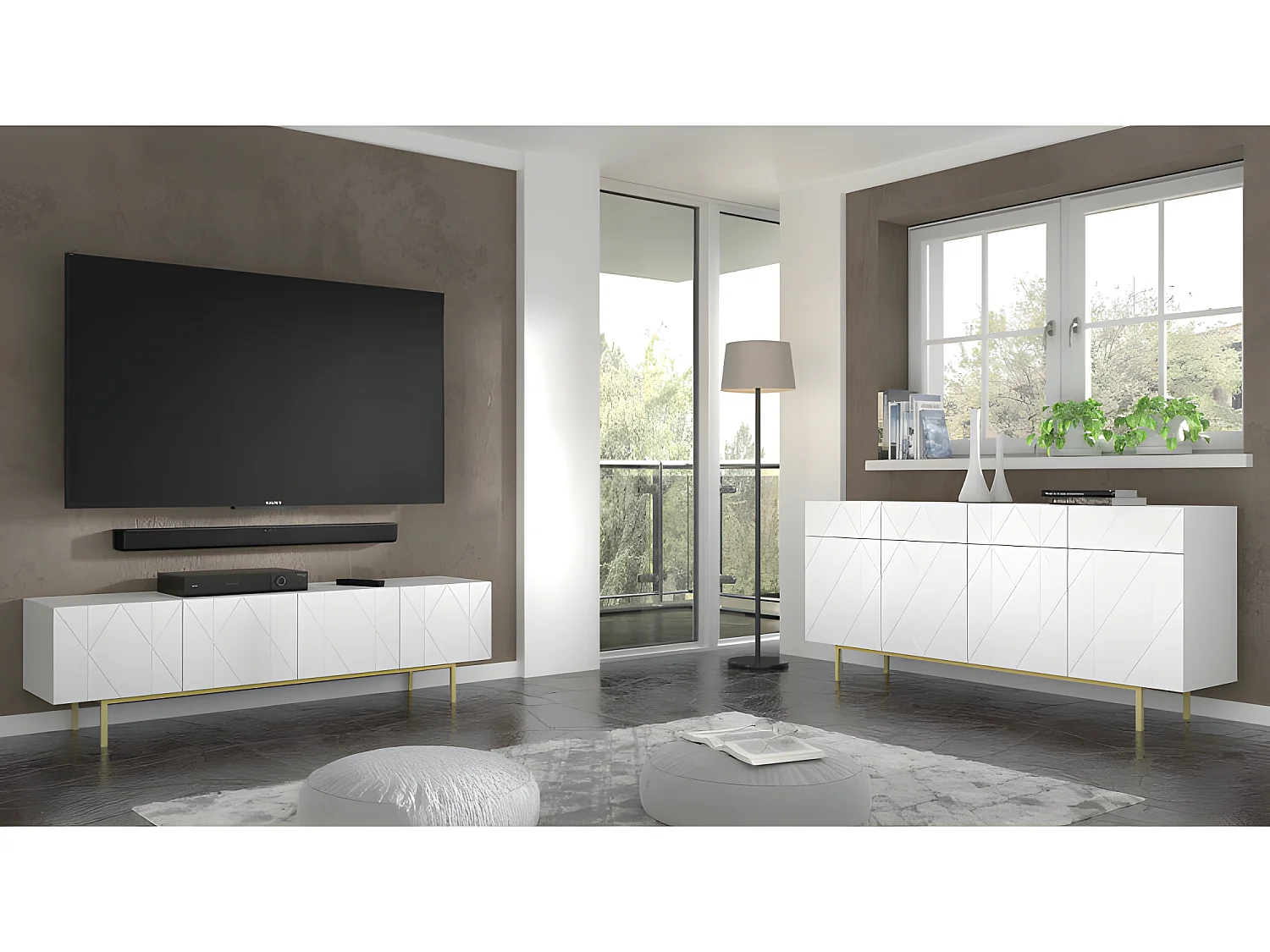 Meuble TV 180x42x51 cm meuble Hi-fi luxueux sur pied doré KAYRA blanc brillant