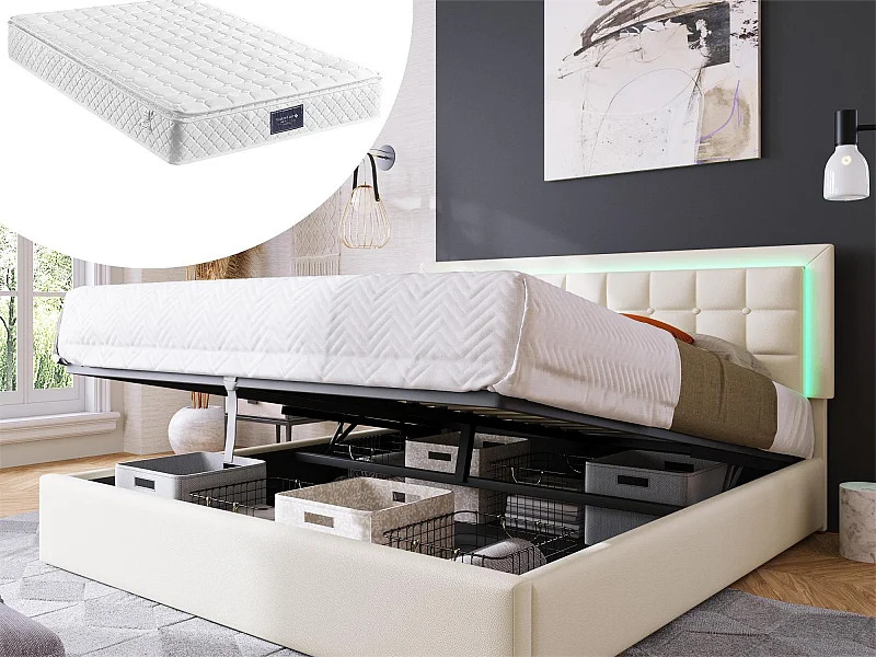 Bett mit Stauraum 160 x 200 cm – Kunstleder – LEDs – Lattenrost – Weiß + Matratze