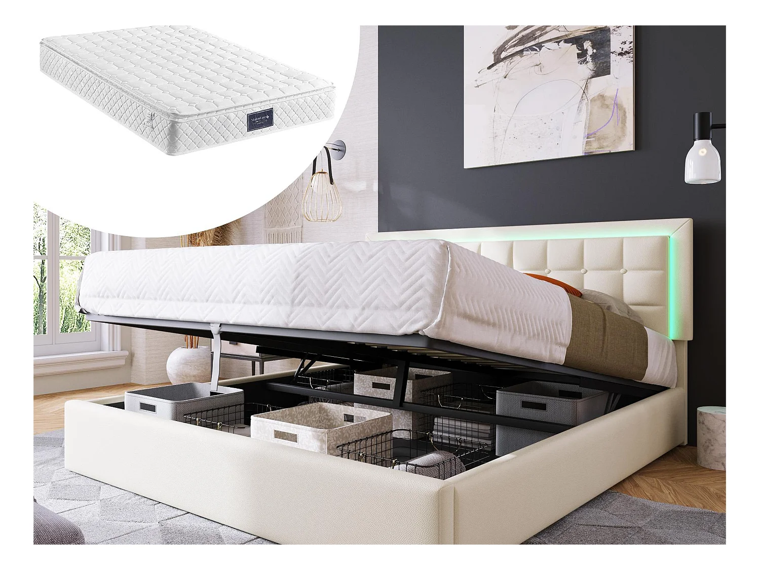 Lit coffre 160 x 200 cm - cuir pu - LEDs - sommier à lattes - blanc + matelas