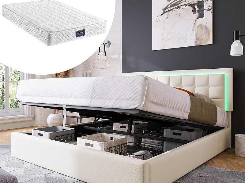 Bett mit Stauraum 160 x 200 cm – Kunstleder – LEDs – Lattenrost – Weiß + Matratze