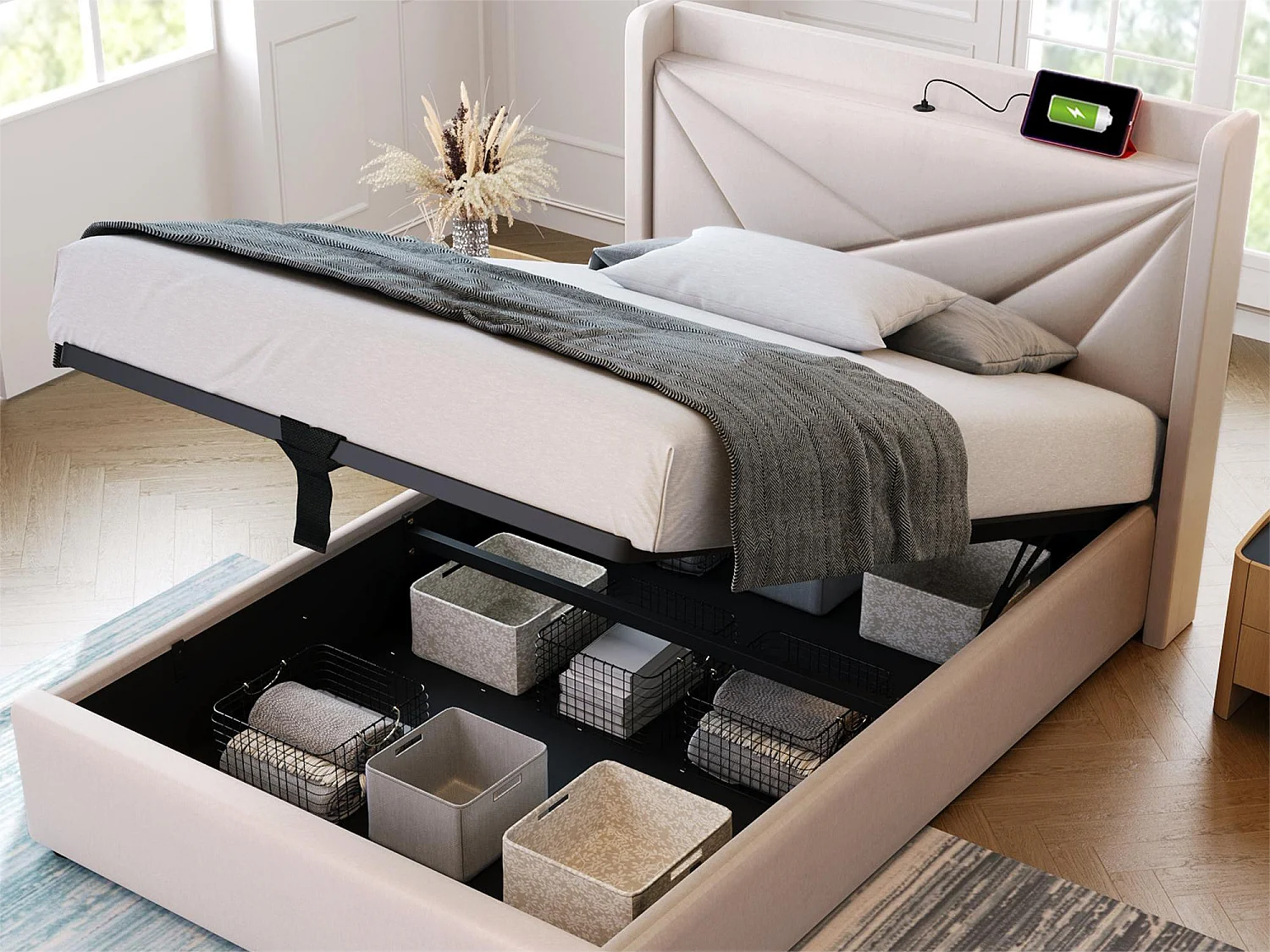 Cama contenedor 90 x 200 cm - USB y tipo C - tela de lino - somier de láminas - beige