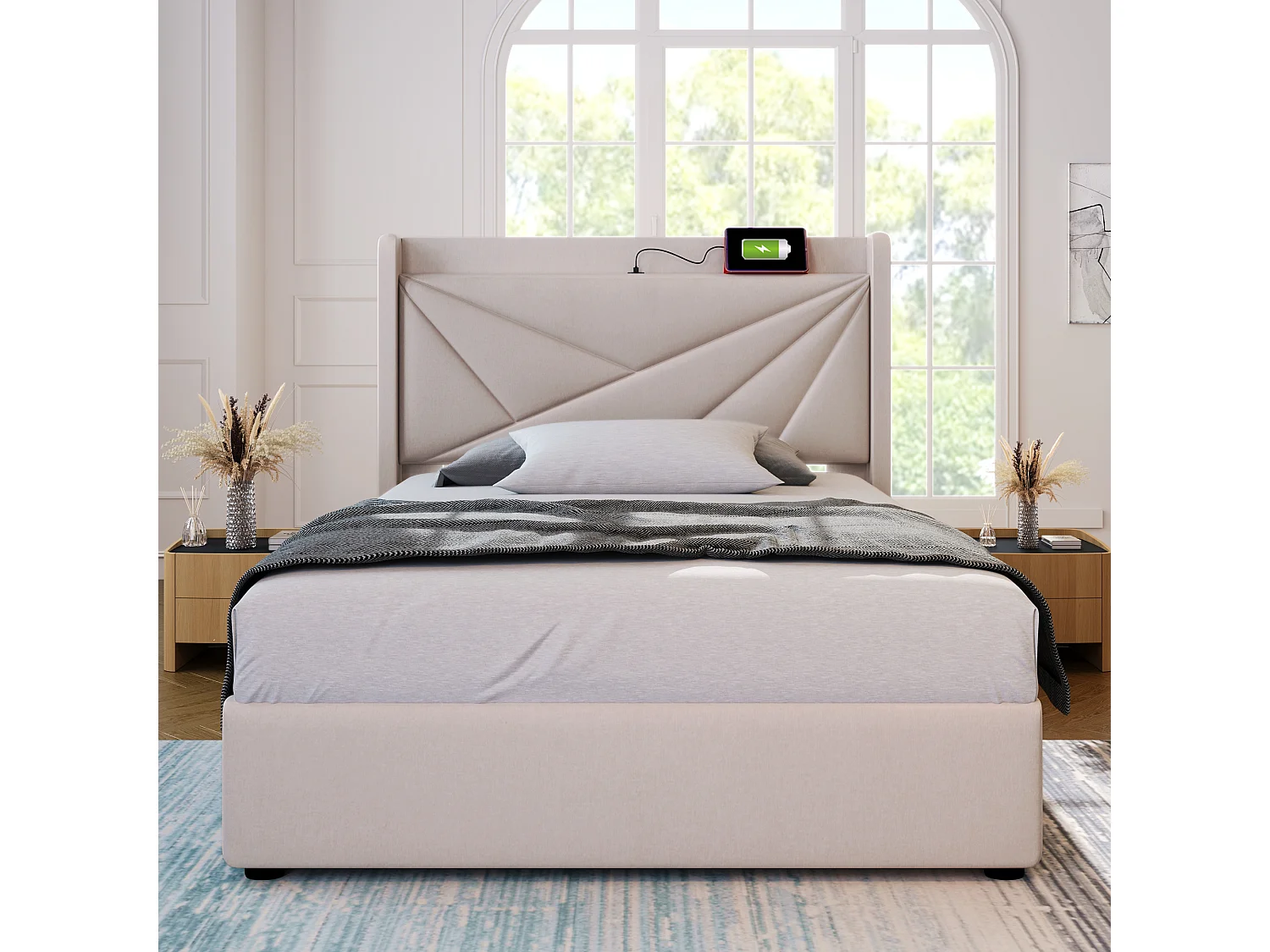 Cama contenedor 90 x 200 cm - USB y tipo C - tela de lino - somier de láminas - beige