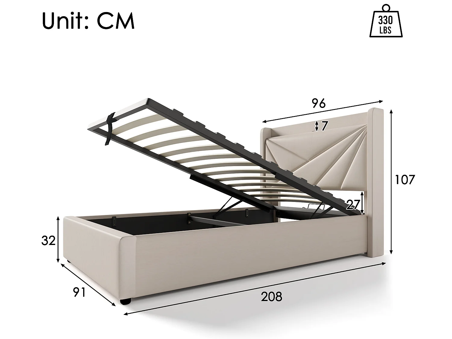 Cama contenedor 90 x 200 cm - USB y tipo C - tela de lino - somier de láminas - beige