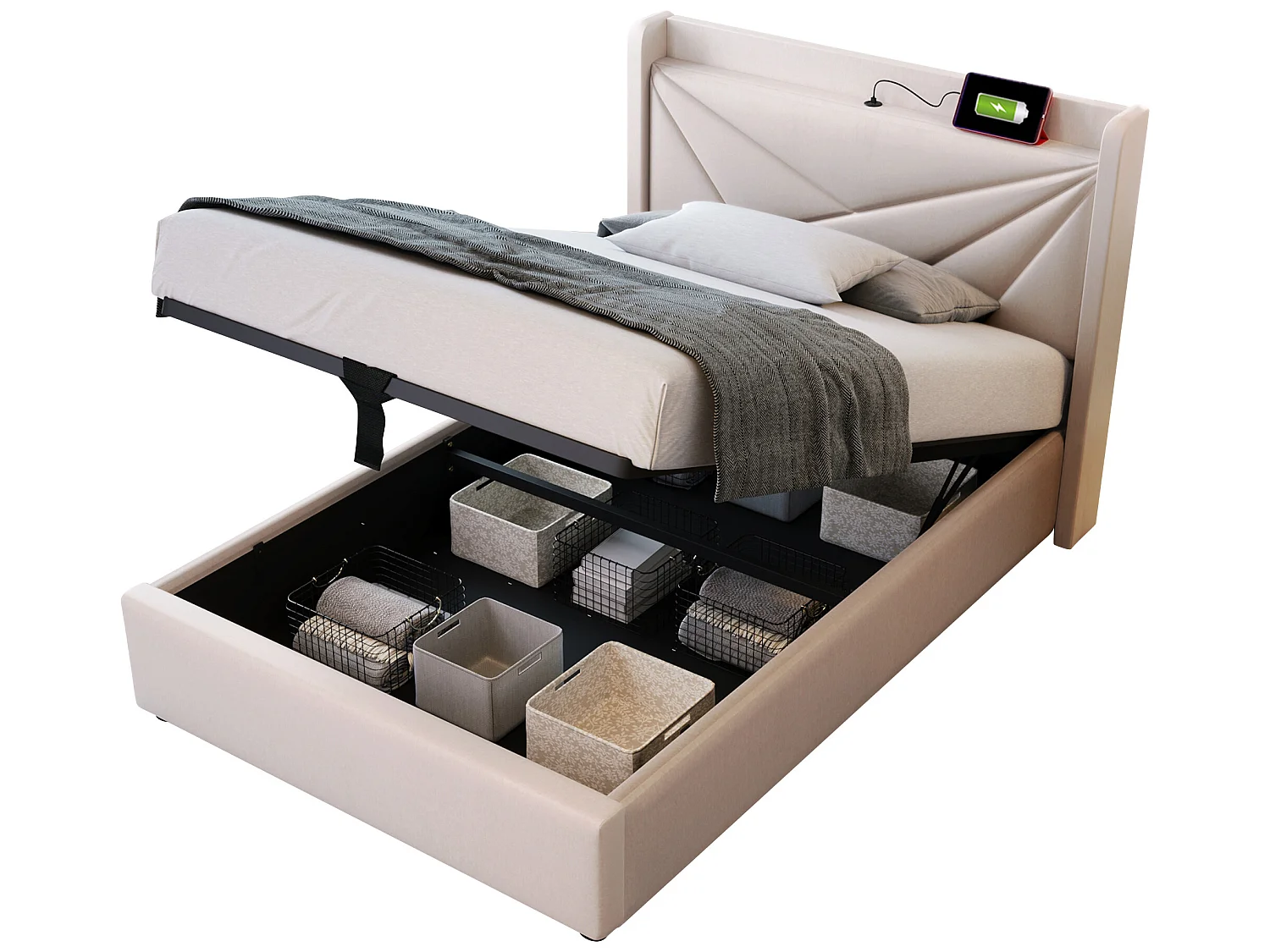 Cama contenedor 90 x 200 cm - USB y tipo C - tela de lino - somier de láminas - beige
