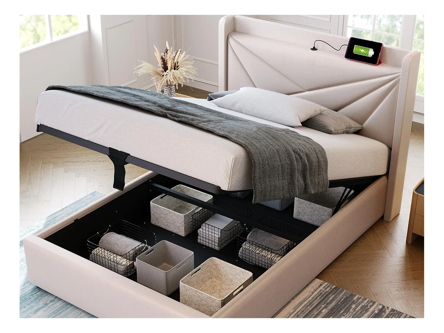 Lit coffre 90 x 200 cm - USB et type C - tissu lin - sommier à lattes - beige