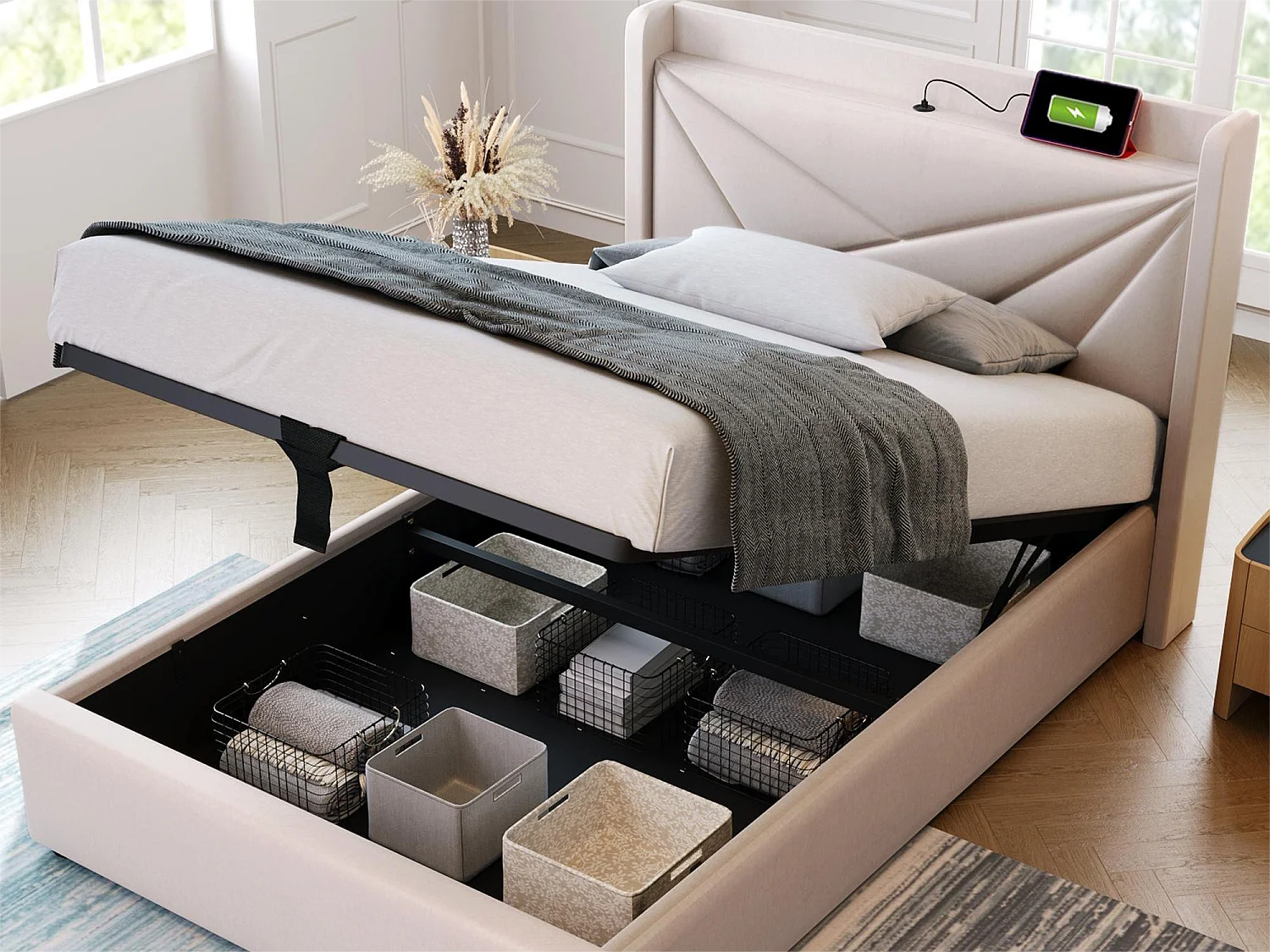 Cama de armazenamento 90 x 200 cm - USB e tipo C - tecido de linho - base de ripas - bege