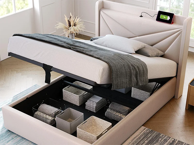 Lit coffre 90 x 200 cm - USB et type C - tissu lin - sommier à lattes - beige