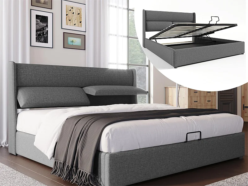 Stauraumbett 140 x 200 cm – Leinenstoff – verstellbare Kopfstützen – graue Farbe