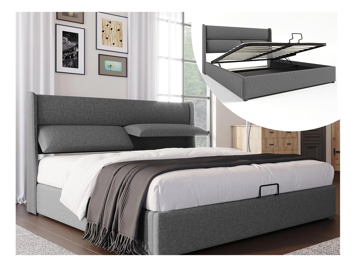 Lit coffre 140 x 200 cm - tissu lin - appuie-têtes réglables - coloris gris