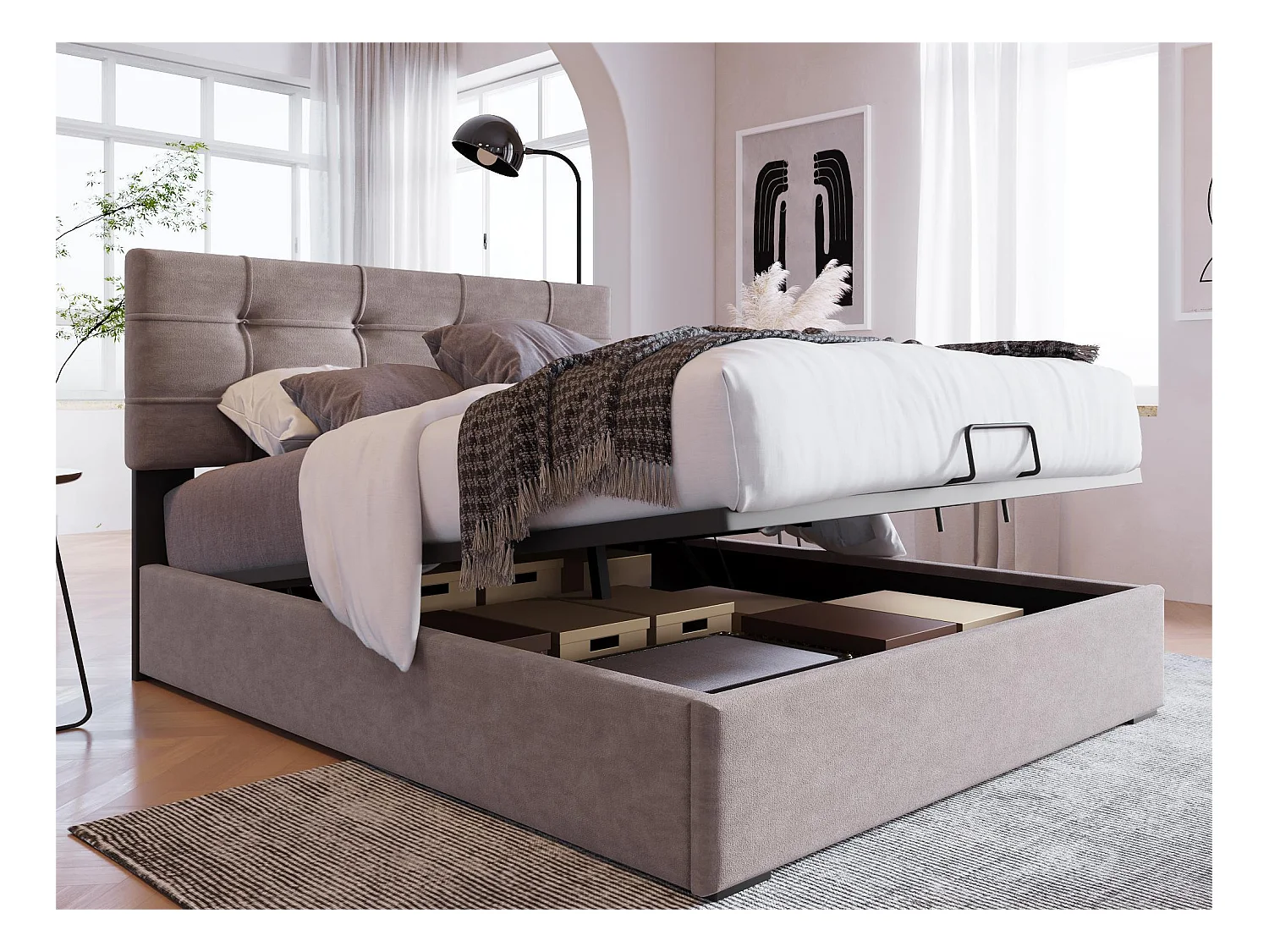 Lit coffre 90 x 200 cm - Velours - Tête de lit réglable - Sommier à lattes - Gris clair