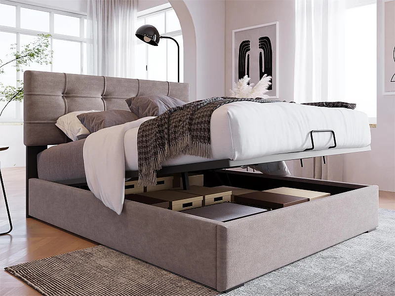 Lit coffre 90 x 200 cm - Velours - Tête de lit réglable - Sommier à lattes - Gris clair