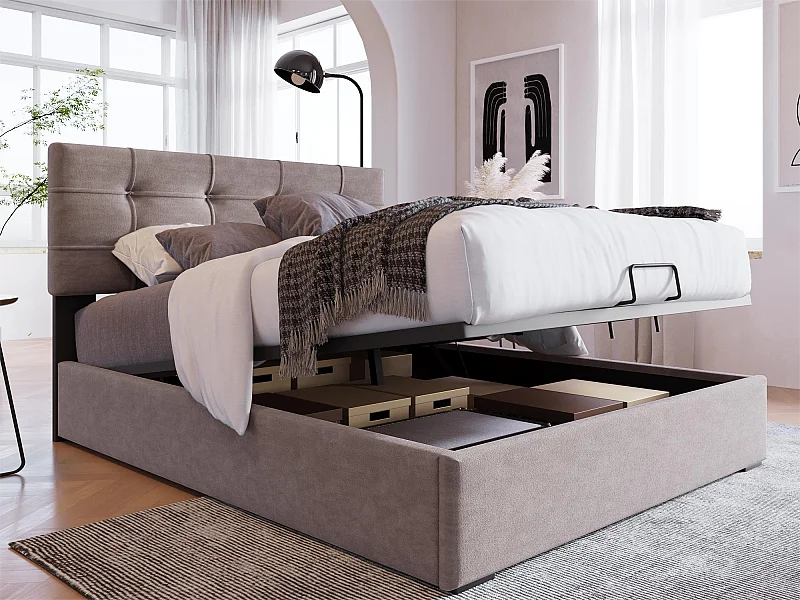 Lit coffre 90 x 200 cm - Velours - Tête de lit réglable - Sommier à lattes - Gris clair