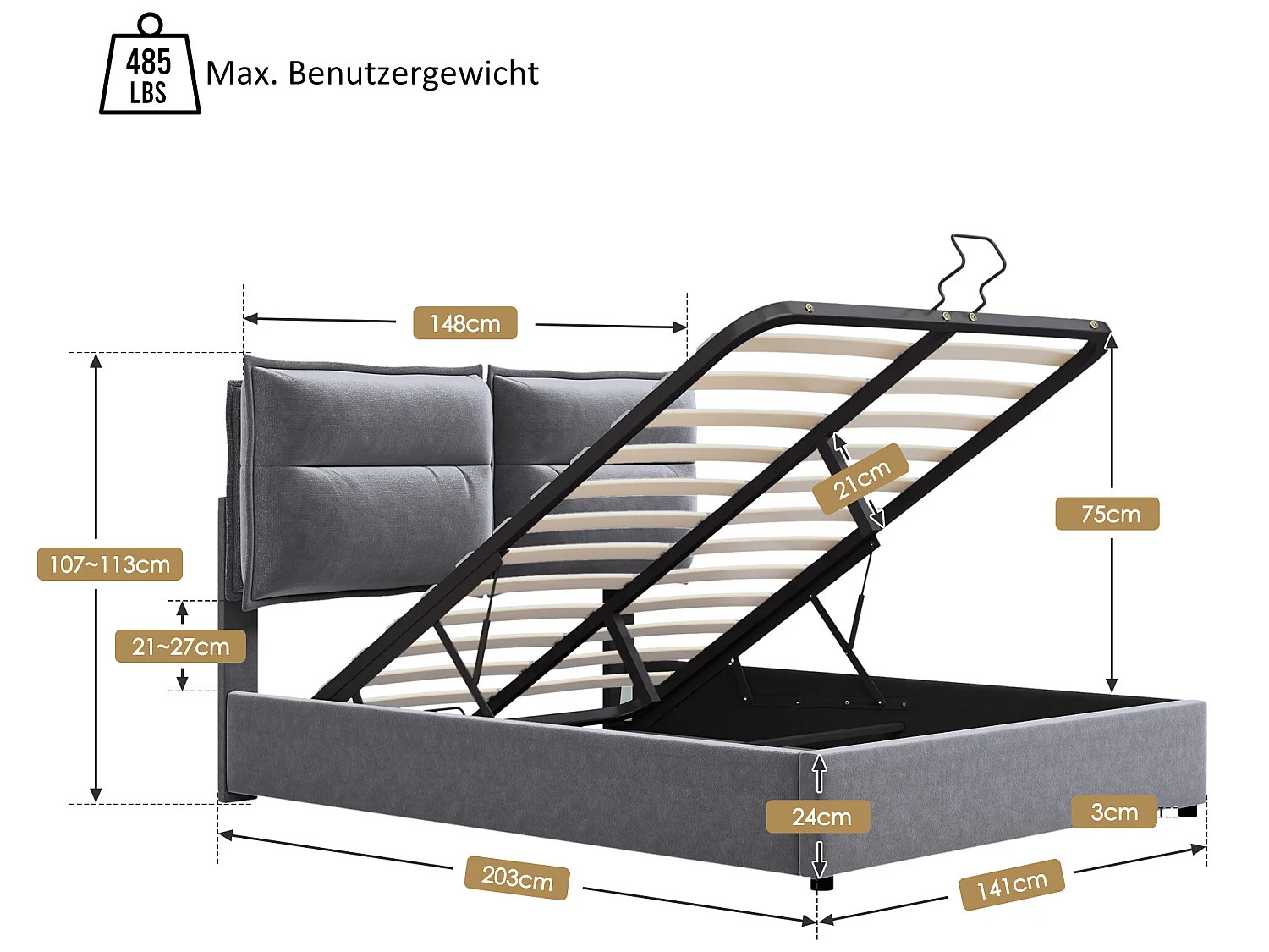 Bettkasten mit Stauraum 140 x 200 cm – Samt – Lattenrost – Grau + Matratze