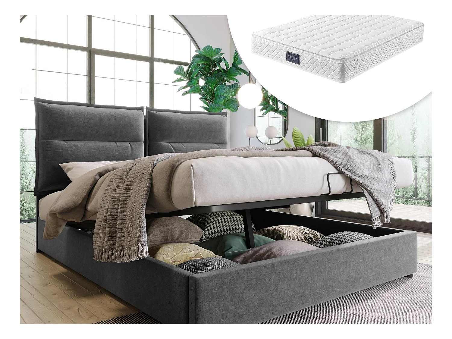Lit coffre avec rangement 140 x 200 cm - velours - sommier à lattes - gris + matelas