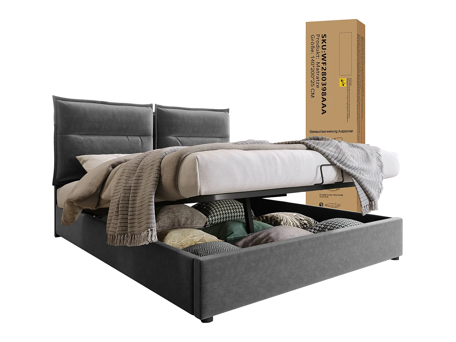 Opbergbed met opbergruimte 140 x 200 cm - fluweel - lattenbodem - grijs + matras