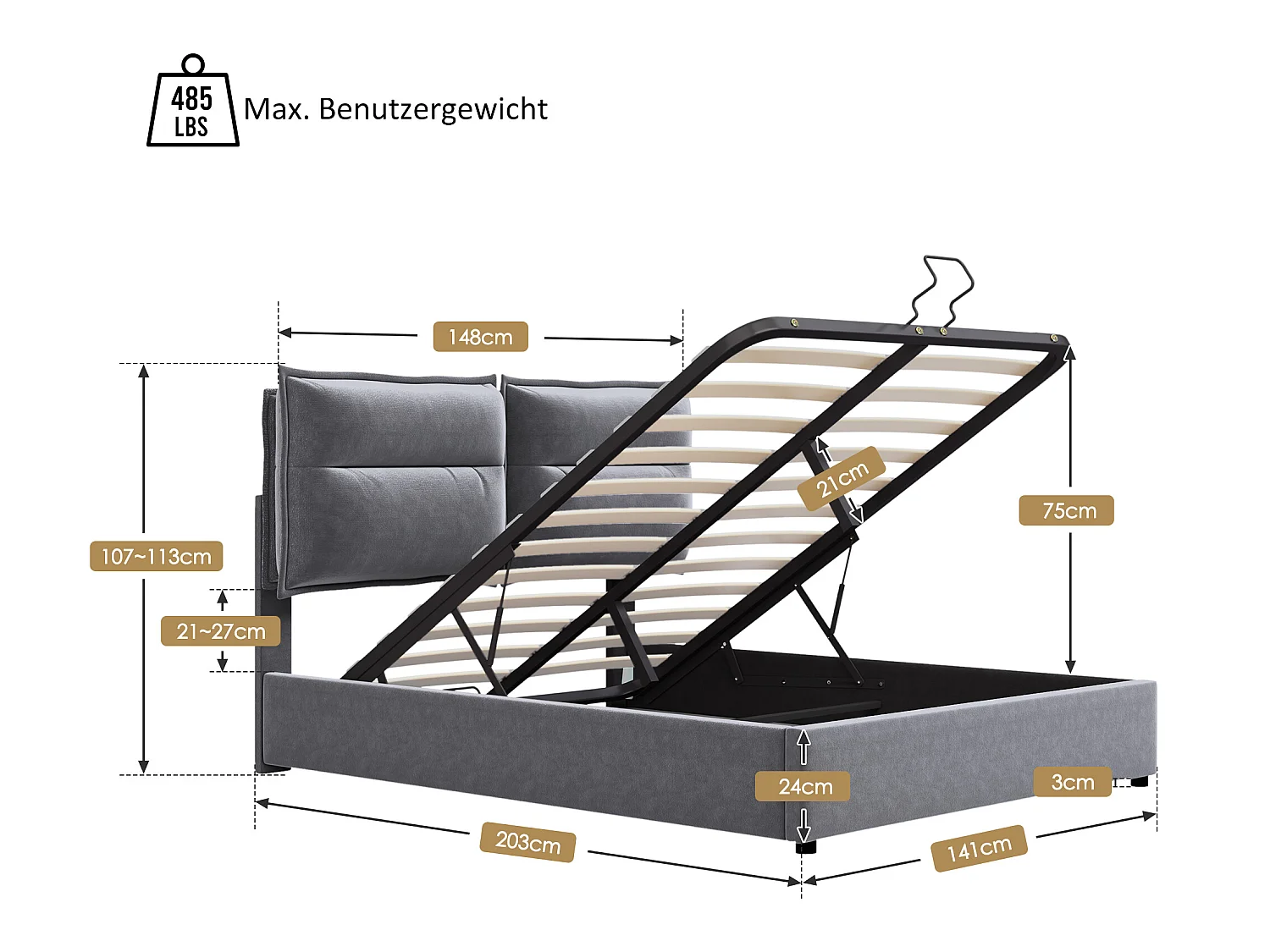 Opbergbed met opbergruimte 140 x 200 cm - fluweel - lattenbodem - grijs + matras
