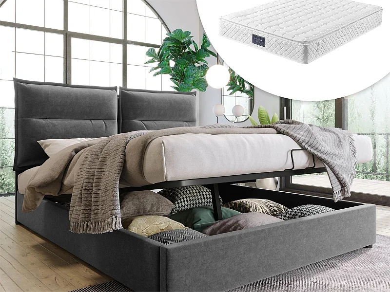 Lit coffre avec rangement 140 x 200 cm - velours - sommier à lattes - gris + matelas