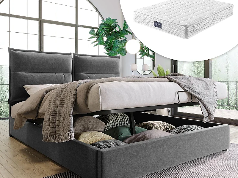 Lit coffre avec rangement 140 x 200 cm - velours - sommier à lattes - gris + matelas