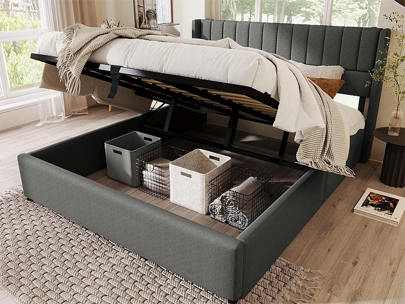 Cama contenedor con cabecero - 180 x 200 cm - tela de lino - somier de láminas - gris