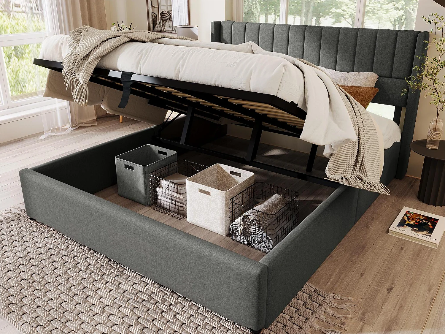 Cama contenedor con cabecero - 180 x 200 cm - tela de lino - somier de láminas - gris