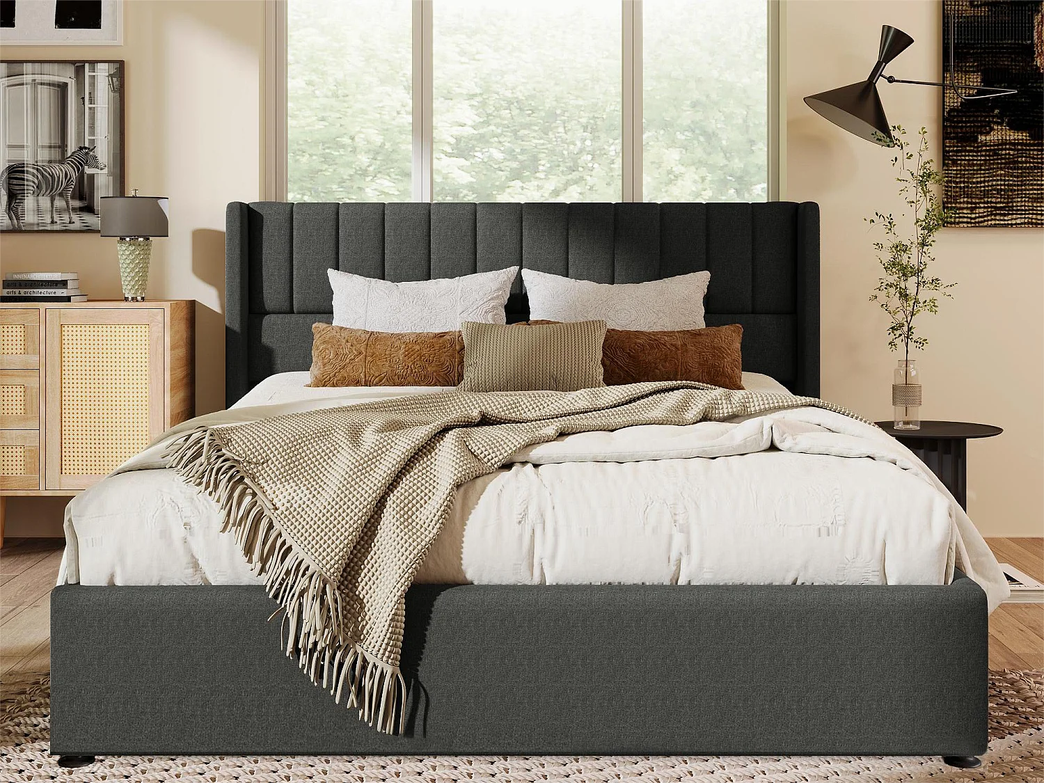 Cama contenedor con cabecero - 180 x 200 cm - tela de lino - somier de láminas - gris