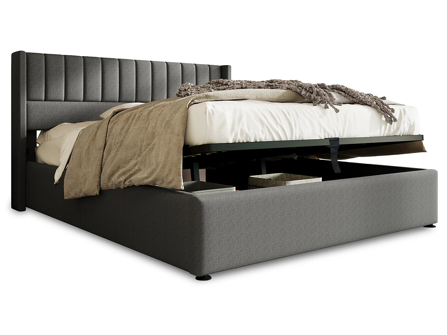 Lit coffre avec tête de lit - 180 x 200 cm - tissu lin - sommier à lattes - gris