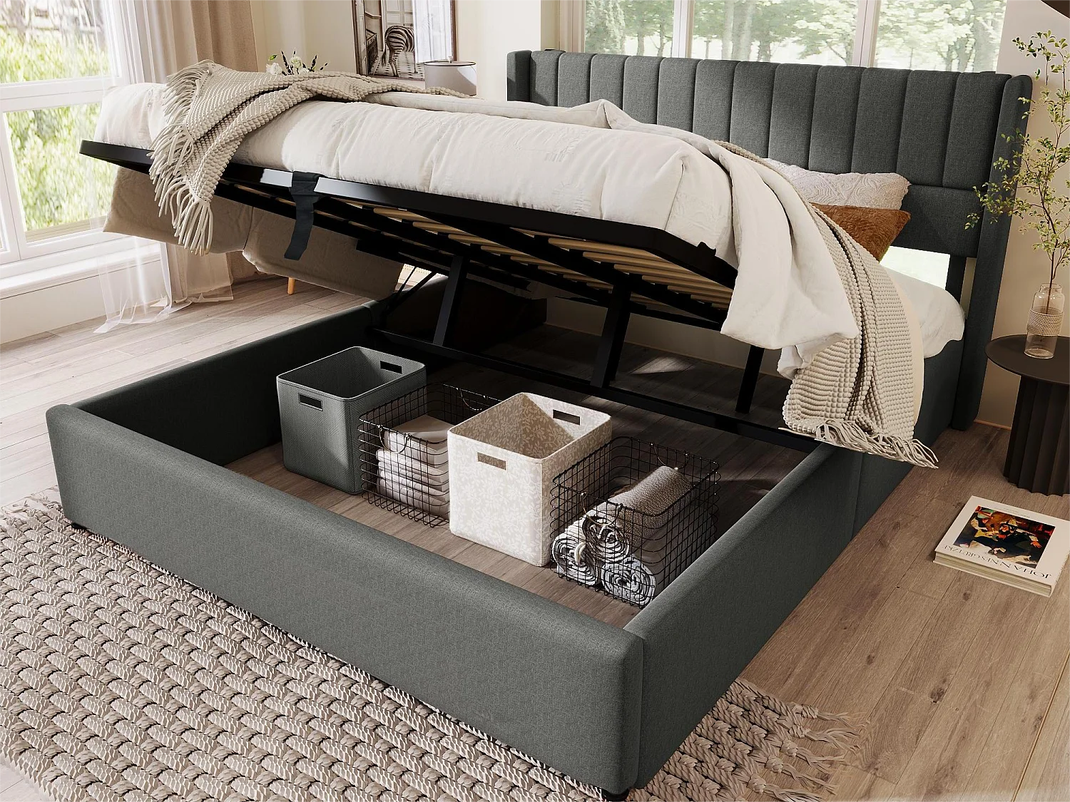 Cama contenedor con cabecero - 180 x 200 cm - tela de lino - somier de láminas - gris