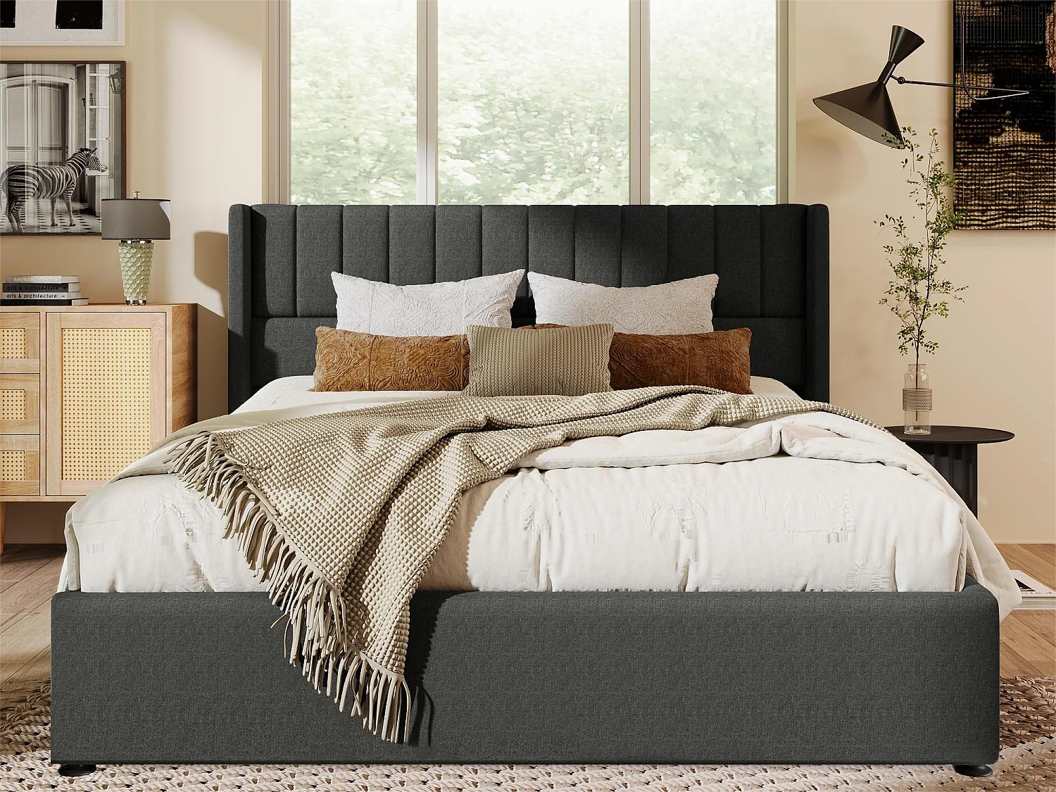 Cama contenedor con cabecero - 180 x 200 cm - tela de lino - somier de láminas - gris