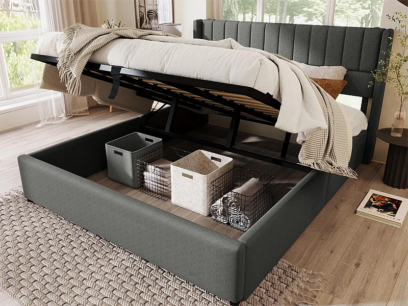 Letto contenitore con testiera - 180 x 200 cm - tessuto di lino - rete a doghe - grigio