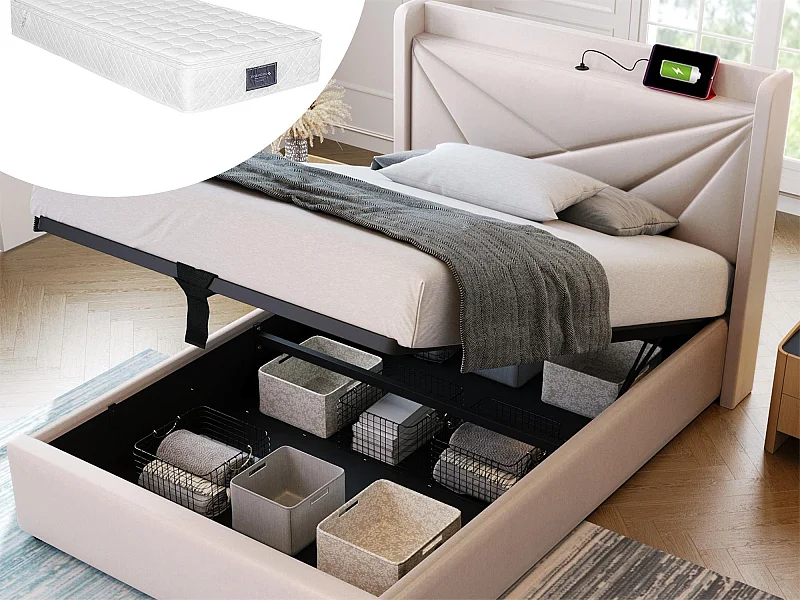 Lit coffre 90 x 200 cm - USB et type C - tissu lin - sommier à lattes - beige + matelas