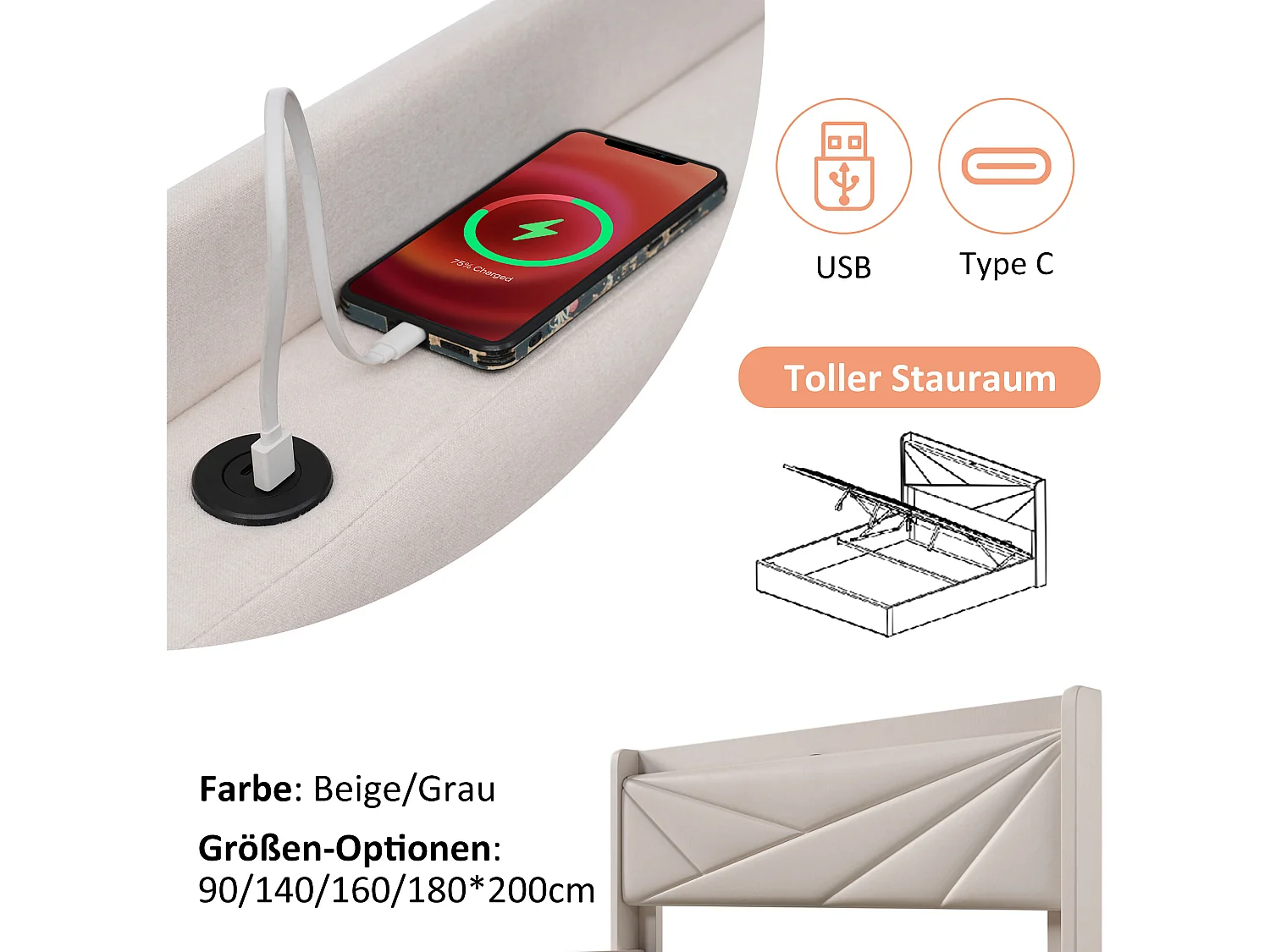 Cama de arrumação 90 x 200 cm - USB e tipo C - tecido de linho - base de ripas - bege + colchão