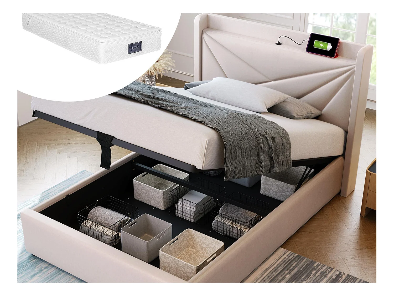 Lit coffre 90 x 200 cm - USB et type C - tissu lin - sommier à lattes - beige + matelas