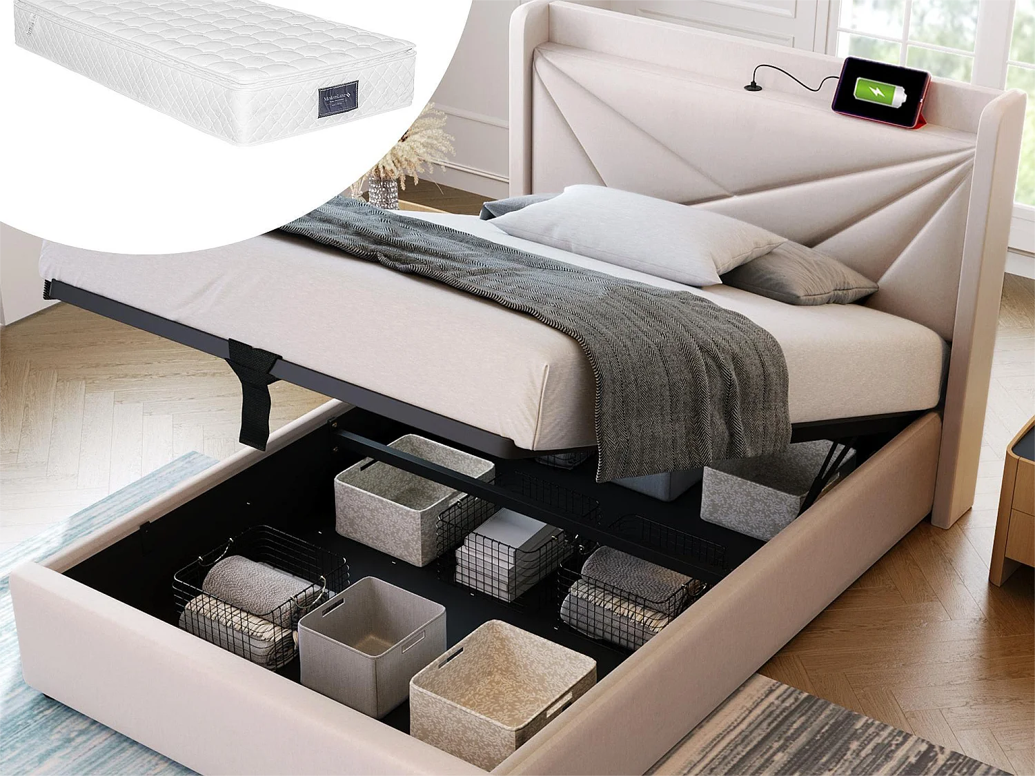 Lit coffre 90 x 200 cm - USB et type C - tissu lin - sommier à lattes - beige + matelas