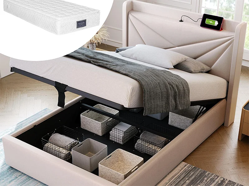 Letto contenitore 90 x 200 cm - USB e tipo C - tessuto lino - rete a doghe - beige + materasso