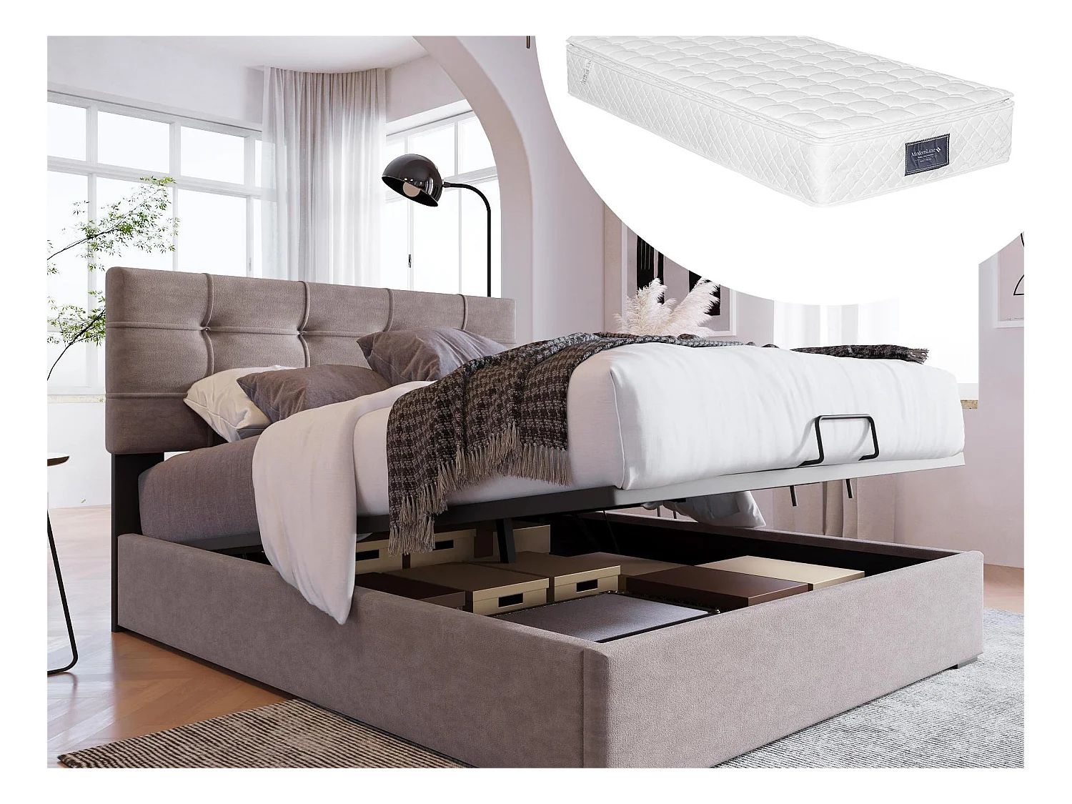 Lit coffre 90 x 200 cm - velours - gris + matelas