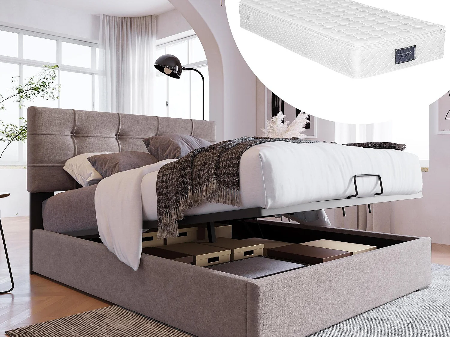 Bett mit Stauraum 90 x 200 cm – Samt – Grau + Matratze