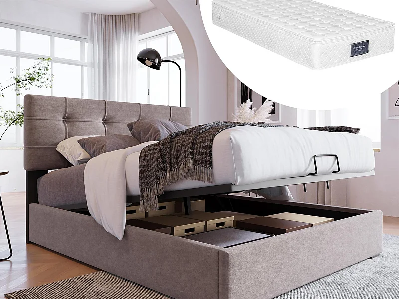 Lit coffre 90 x 200 cm - velours - gris + matelas