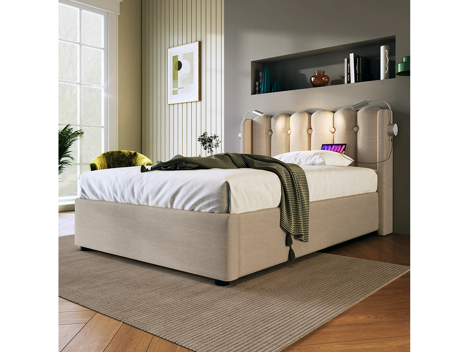 Opbergbed 90 x 200 cm - leeslamp en USB - linnen stof - natuurlijke kleur + matras