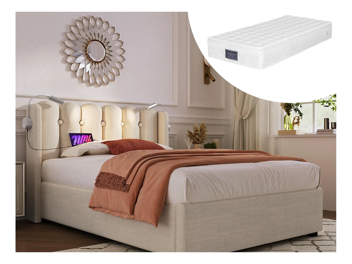 Lit coffre 90 x 200 cm - lampe de lecture et USB - tissu lin - coloris naturel + matelas