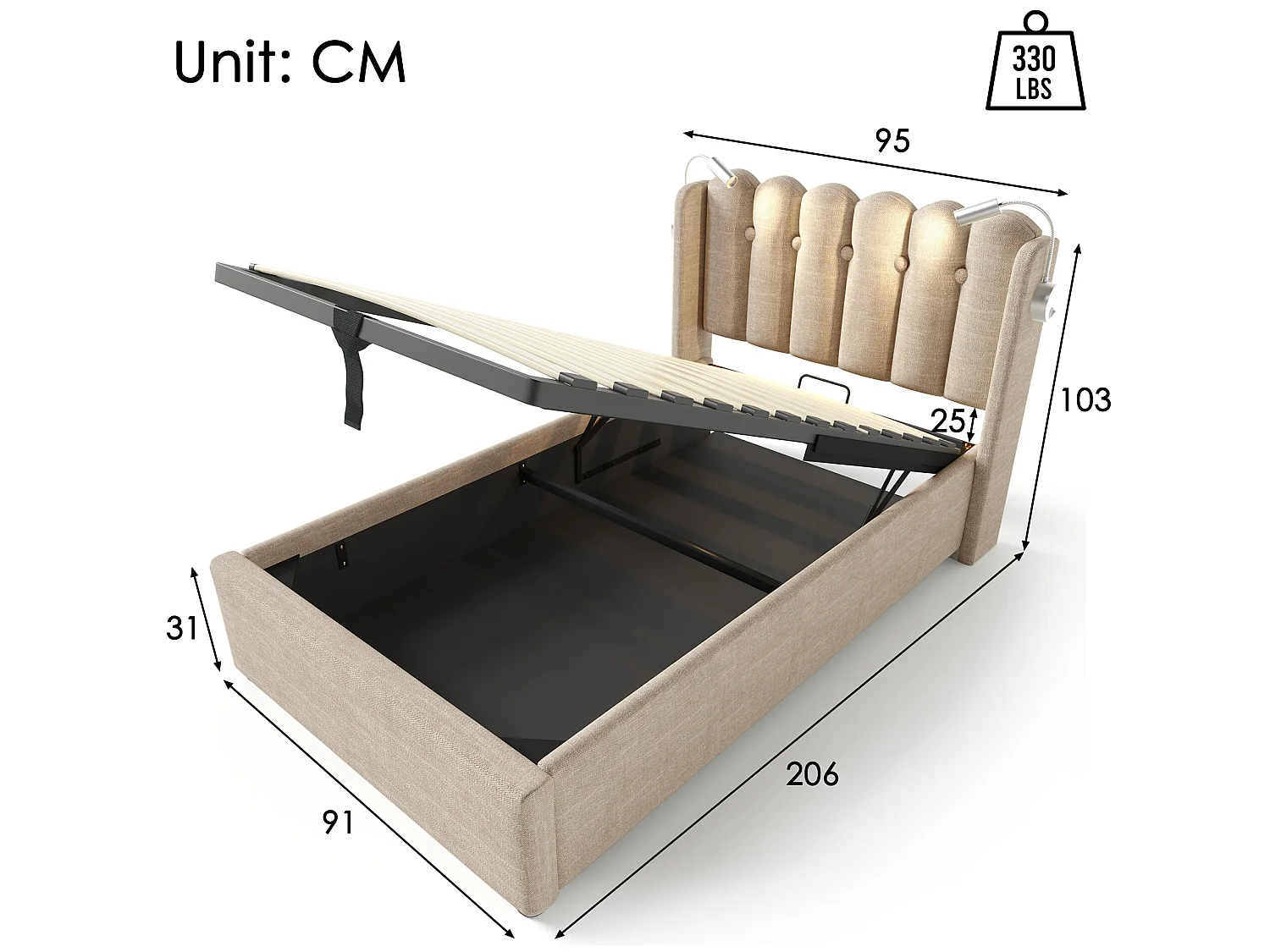 Lit coffre 90 x 200 cm - lampe de lecture et USB - tissu lin - coloris naturel + matelas
