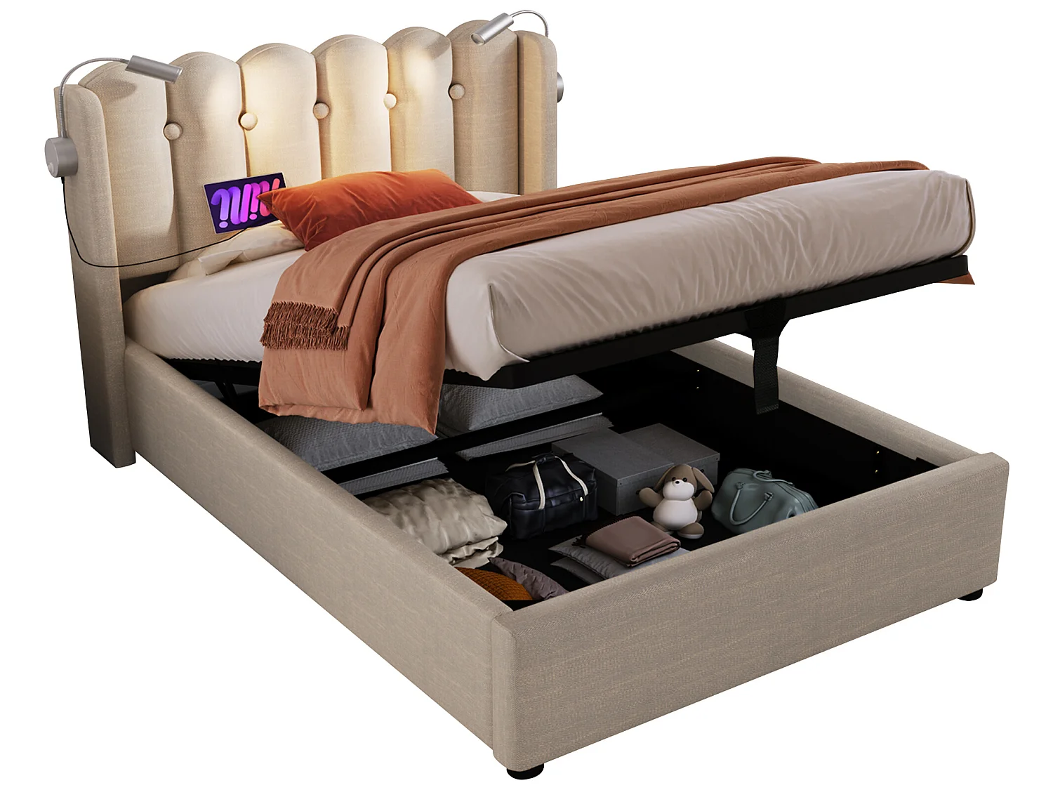 Lit coffre 90 x 200 cm - lampe de lecture et USB - tissu lin - coloris naturel + matelas