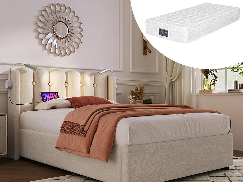 Lit coffre 90 x 200 cm - lampe de lecture et USB - tissu lin - coloris naturel + matelas
