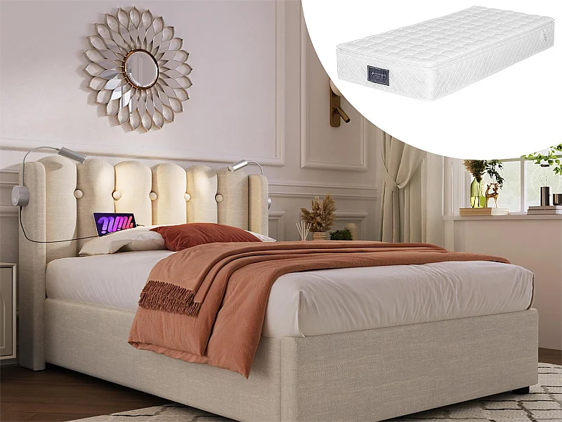 Lit coffre 90 x 200 cm - lampe de lecture et USB - tissu lin - coloris naturel + matelas